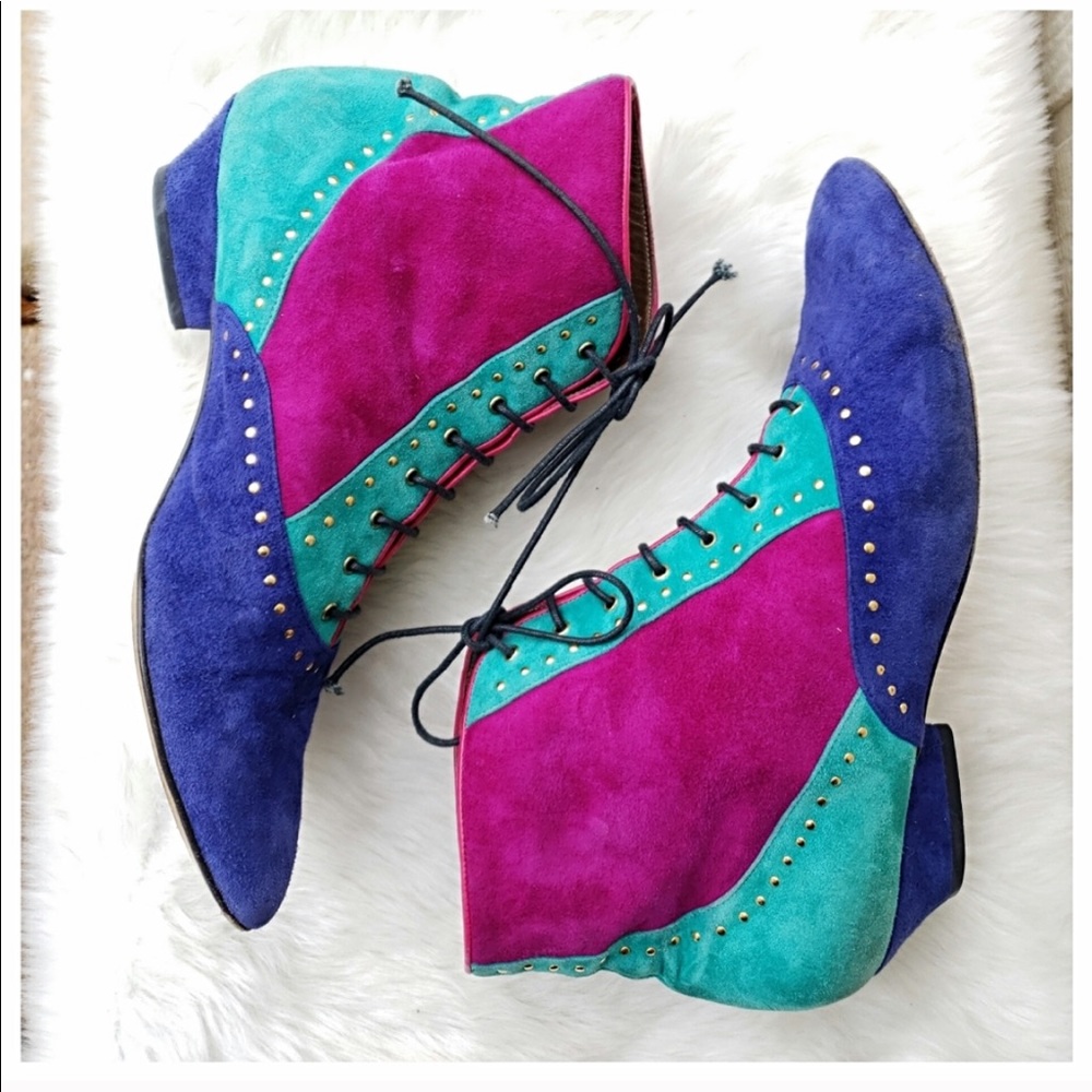 Multicolored Suede Color Block lace Ankle Booties